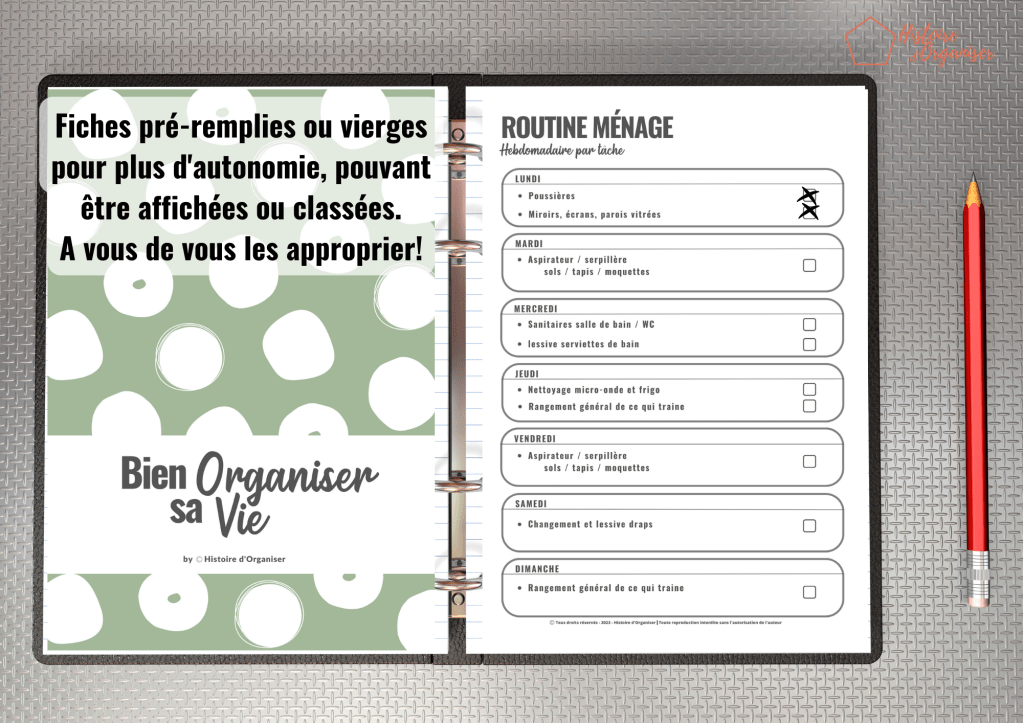 Fiches d'organisation pour les personnes atteintes de TDAH ou TSA.
Facilite le quotidien.